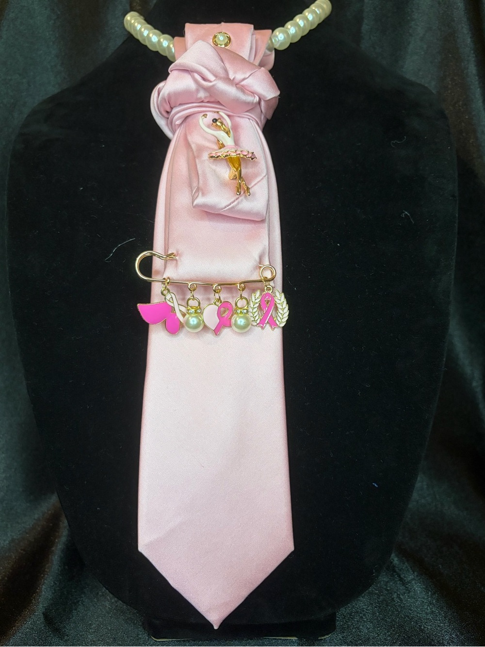 Pink Satin Scarf Tie with Charm Pin